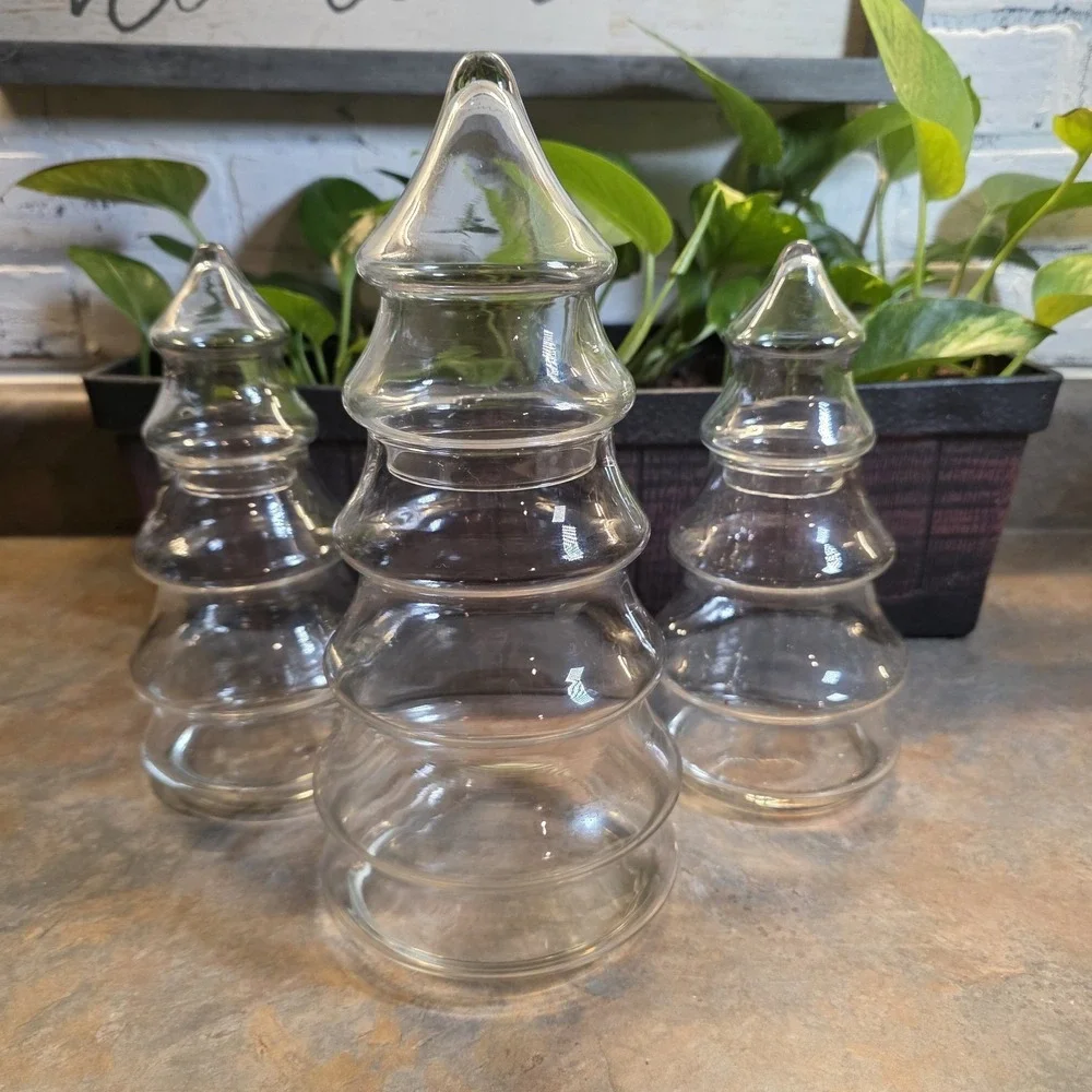 Rare Vintage Libbey Glass Crystal Creations Christmas Tree Jar Complete Set of 3